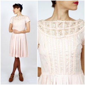 Sweet Vintage 1950s Baby Pink Cotton Dress with Lattice Lace Details on Bodice by Tailored Junior | Small