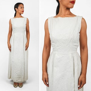 Vintage 50s/60s Textured Cotton Brocade White Ivory Sleeveless Column Maxi Dress by Rappi | XS