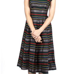 Vintage 1950s Black Stripe Fit & Flare Rainbow Ribbon Taffeta Party Dress with Fitted Waist and Full Skirt XS/Small image 4