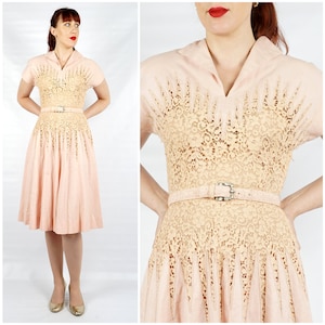 pale pink fit and flare dress FOCUS by Shani V-Neck Laser Cut Fit & Flare Dress in Pale Pink