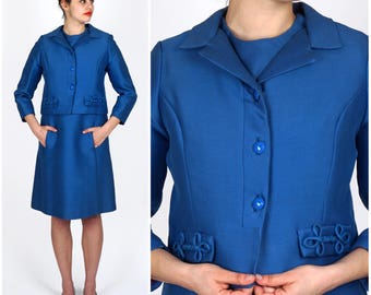 vintage des années 1960 Two Piece Set (fr) Robe Royal Blue Mod Shift et veste Cropped assortie (fr) Moyen/Grand