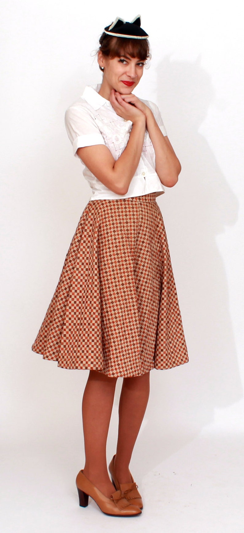 Vintage 1950s Quilted Brown Checkerboard Circle Skirt by Carole Chris XS