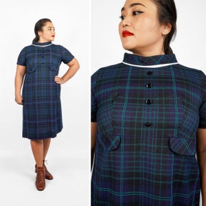 Vintage 1960s Blue & Green Plaid Shift Dress | Large/XL