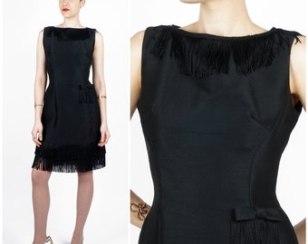 Sassy Vintage 60's Mod Black Silk Sleeveless Dress with Fringed Collar and High Side Slit and Hip Bow by Jane Stevens | Small Medium