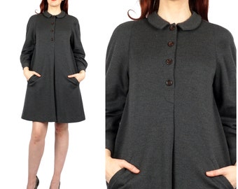 Vintage 1960s Long Sleeve Collared Gray Swing Dress with Pockets by Geoffrey Beene | Medium