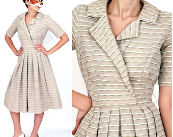 Vintage 1950s Taupe and Green Striped Day Dress with Full Skirt | XXS XS