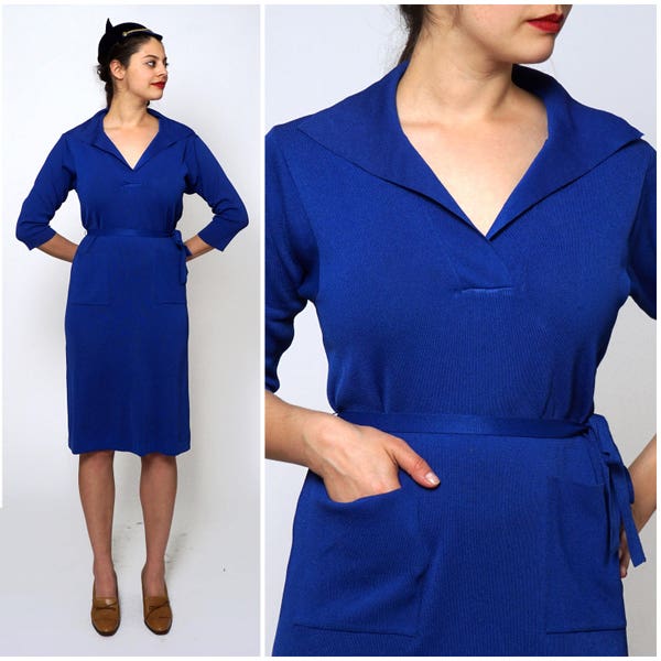 Vintage 1960s Royal Blue Knit Dress by Kimberly | Large/X-Large