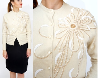 Vintage 1960s Ivory Cardigan Sweater with Floral Beaded Design by Jaico | Medium