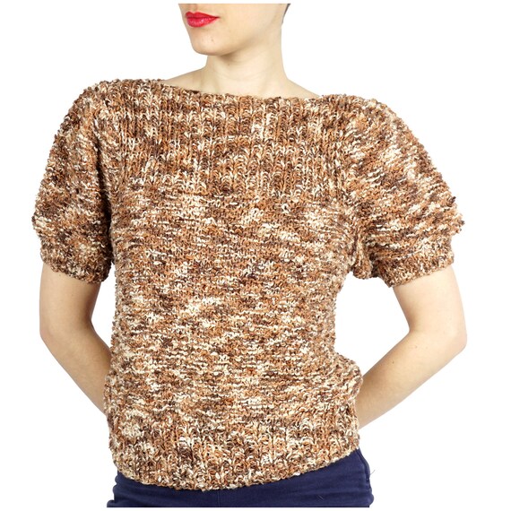 Vintage 1960s Brown & Beige Stretchy Knit Sweater… - image 2