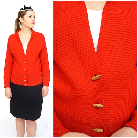 Vintage 1960s Candy Apple Red Ribbed Cardigan by R