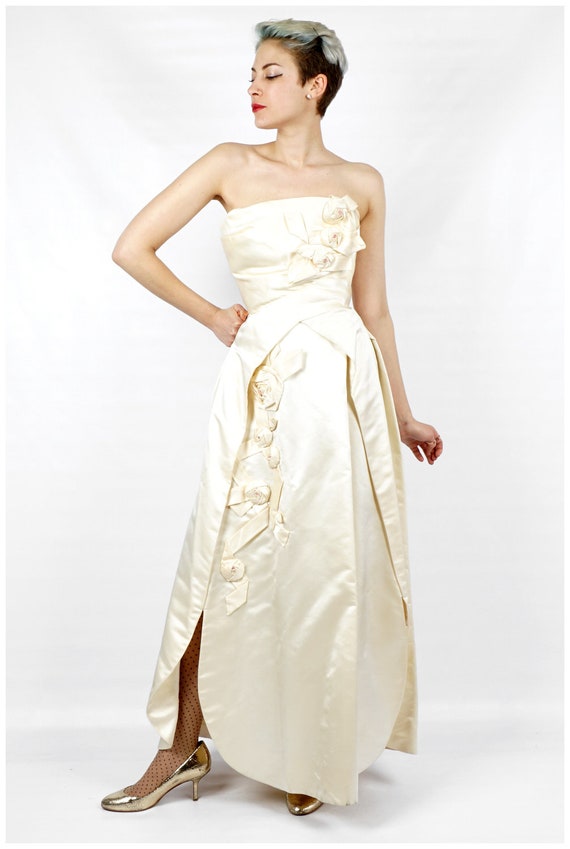 Vintage 50s Creamy White Silk Strapless Silk Taff… - image 3