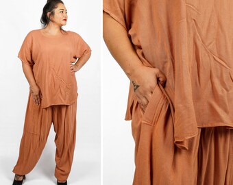 Vintage 80s/90s Boho Chic Oversized Terracotta Two Piece Pant and Shirt Lagenlook Lounge Set by Laise Adzer | Large/XL