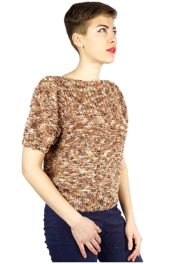 Vintage 1960s Brown & Beige Stretchy Knit Sweater… - image 9