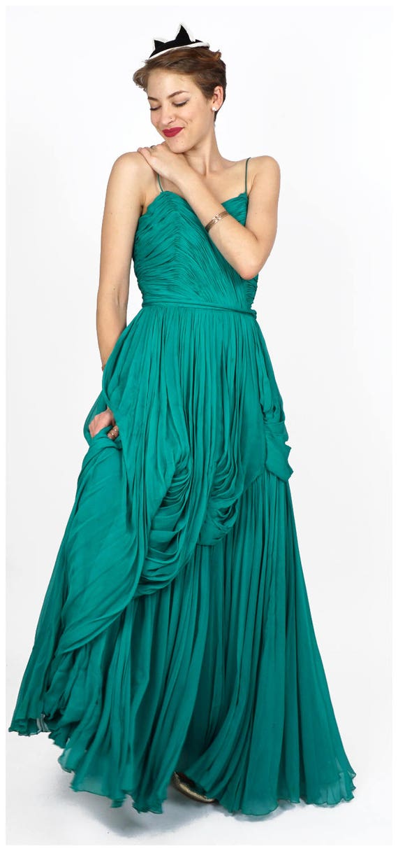 Elegant Vintage 50s Emerald Green Silk Chiffon Fl… - image 2