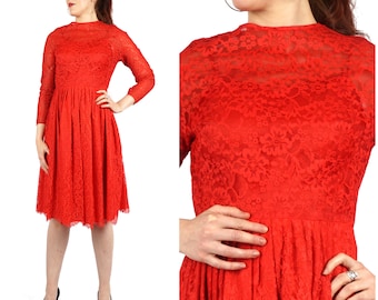 Vintage 1960s Red Lace Fit & Flare Party Dress by L'Aiglon | Medium
