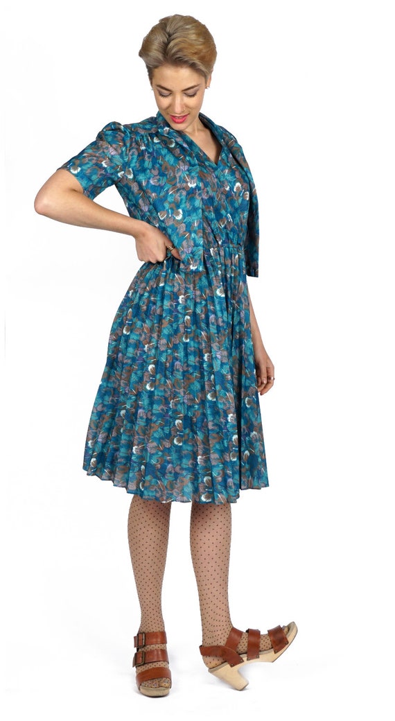 Vintage 1960s Blue Peacock Day Dress with Pleated… - image 7