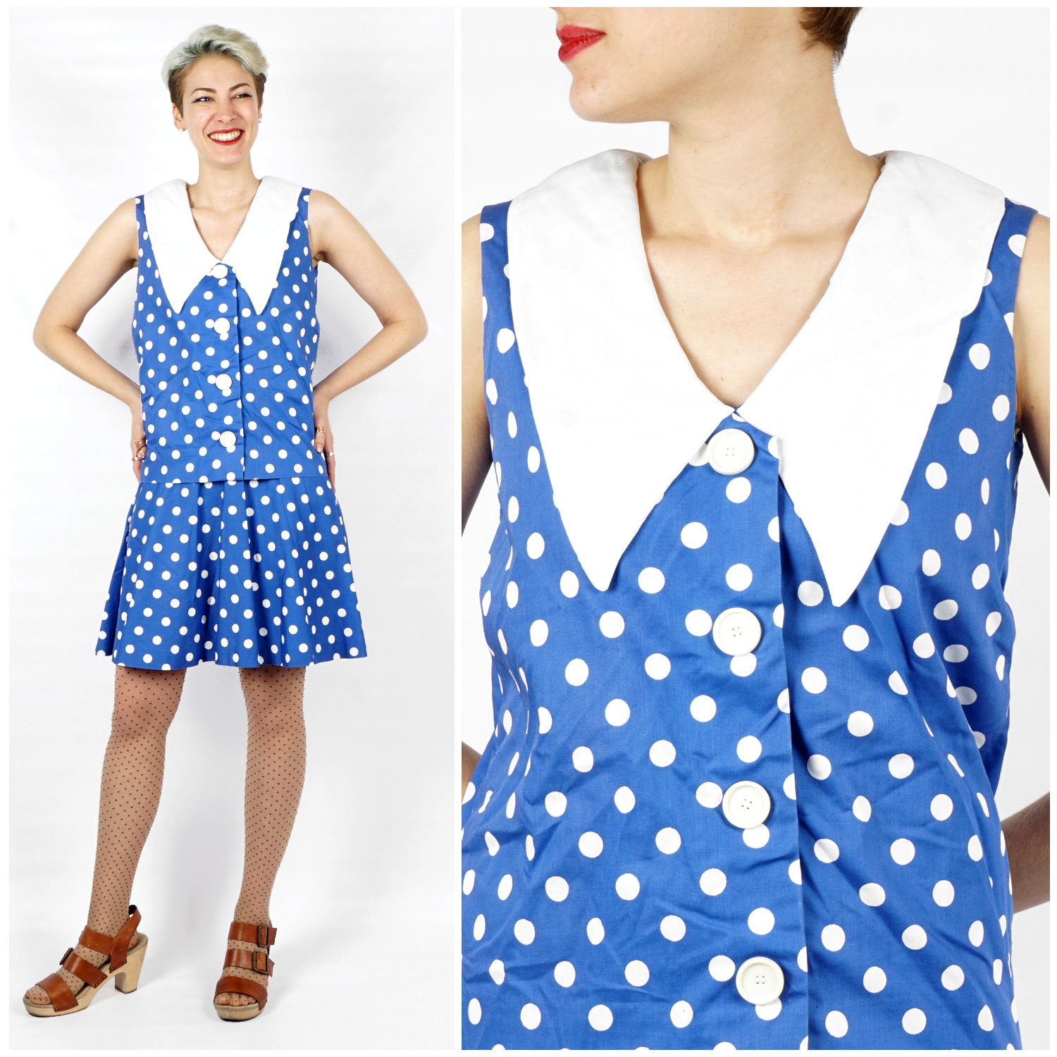 Vintage 1960s Blue and White Polka Dot Sleeveless Drop Waist