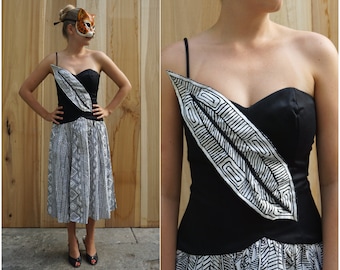 Rockin' Vintage 80's Black and White Asymmetric One Shoulder Geometric Party Dress by Victor Costa | Small Medium