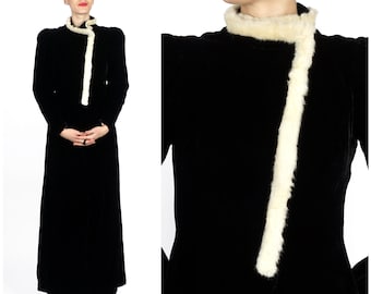 Vintage 1930s Black Velvet Evening Wrap Opera Coat Jacket w/ Asymmetric White Mink Fur Trim and Strong Puffed Shoulders | Small/Medium