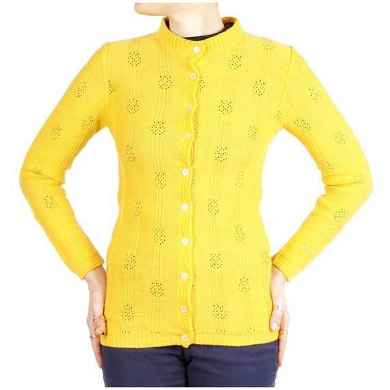 Vintage 1970s Canary Yellow Button-up Cardigan Sw… - image 2