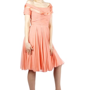 Vintage 50s Springtime Peachy Pink Chiffon Off-the-Shoulder Party Dress with Ruched Bodice and Satin Trim by Ceil Chapman XS/Small image 2