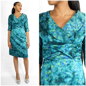Vintage 1950s/60s Teal Watercolor Wiggle Dress with Ruched Waist by R & K Originals | Medium