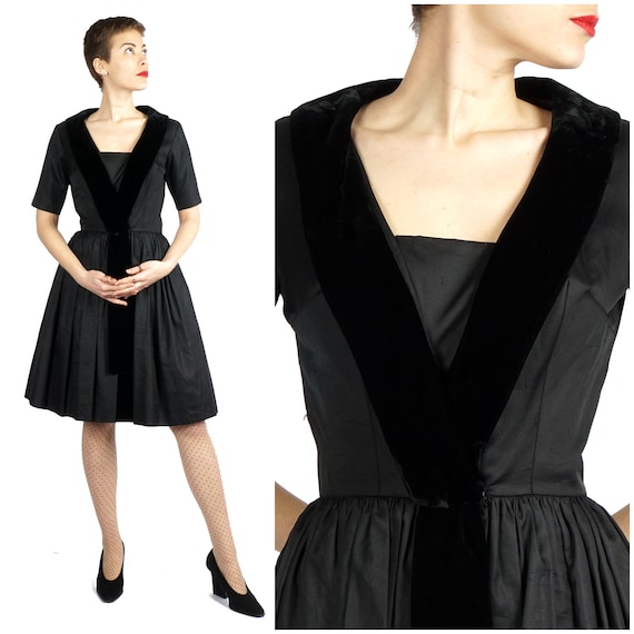 Vintage 1950s Black Party Dress with Velvet Trim … - image 1