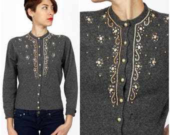 Vintage 1950s Gray Cashmere Cardigan with Pearl and Rhinestone Embellished Details by Calais | XS