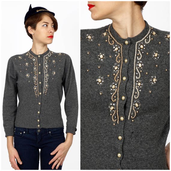 Vintage 1950s Gray Cashmere Cardigan with Pearl an