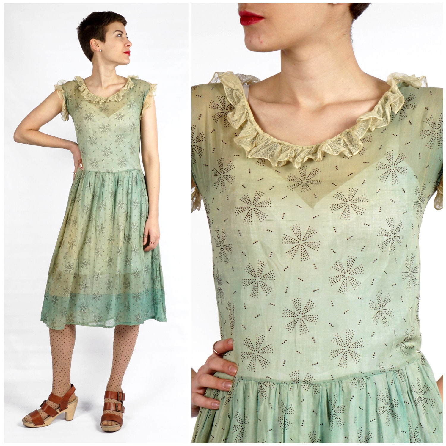 ワンピース 1930s Pale Green Silk Dress RESERVED: 1930s Chiffon Dress / Seafoam Green Bias Cut Gown