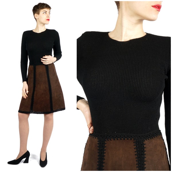 Vintage 60s/70s Black & Brown Boho Fitted Sweater Dress with Suede Paneled Skirt and Crochet/Knit Seams by Goldworm | XS/Small