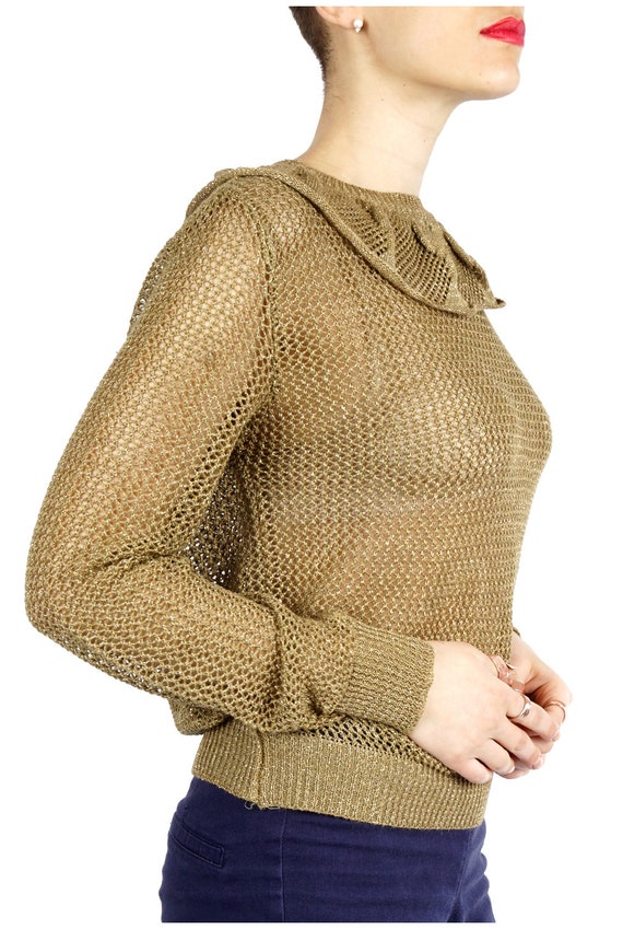 Vintage 1980s Sparkly Gold Knit Sweater with Ruff… - image 7