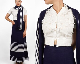 Vintage 1970s Navy Blue & White Gradient Stripe Knit Maxi Skirt with Matching Scarf by TISSUS J. Leonard | XS