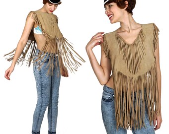 Vintage 70s Light Brown Suede Fringe Vest Poncho | One Size XS Small Medium Large