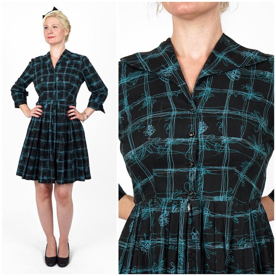 Vintage 1950s Black & Blue Scribbled Windowpane Pl