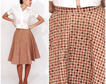 Vintage 1950s Quilted Brown Checkerboard Circle Skirt by Carole Chris | XS