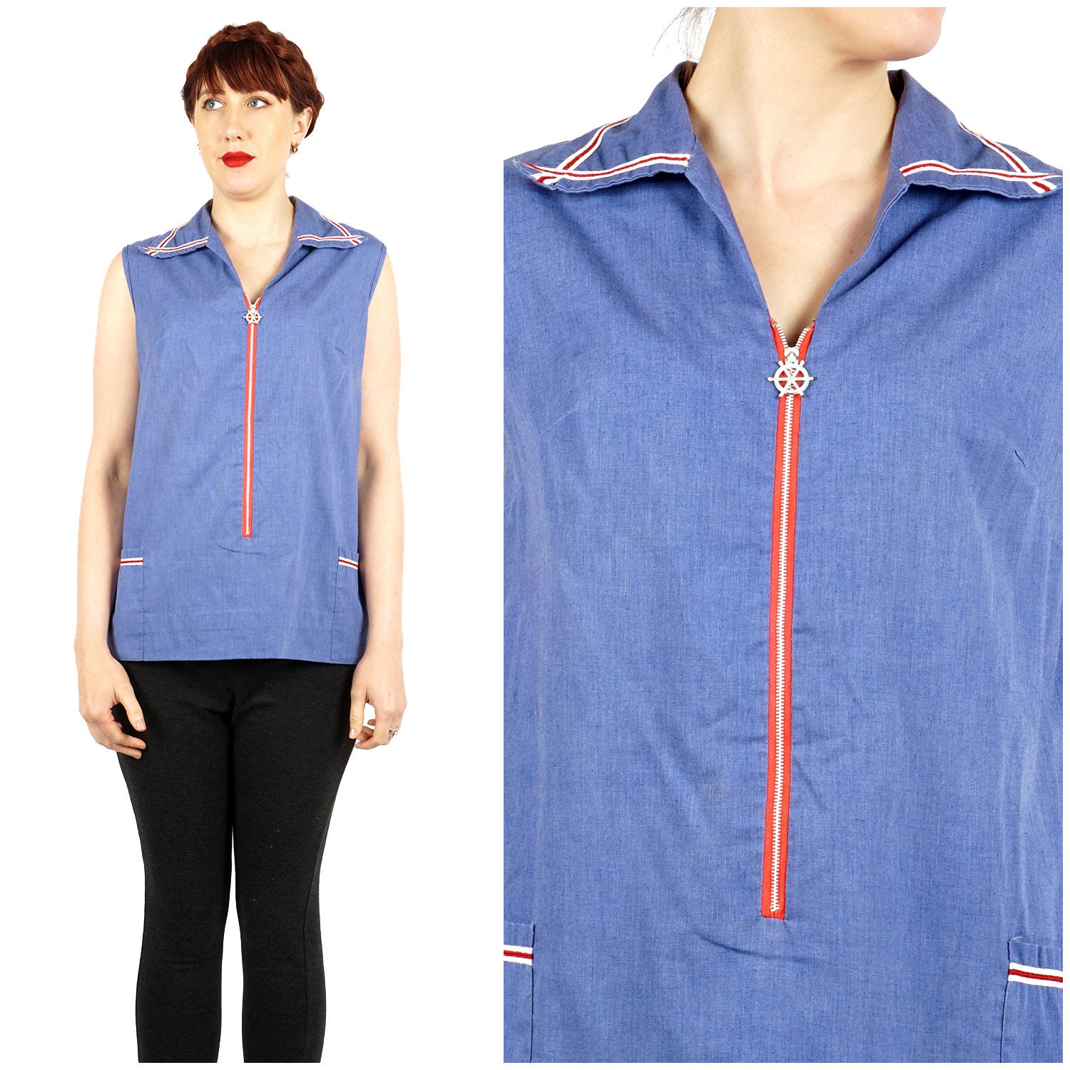 Vintage 1960s Chambray Blue Cotton Nautical Collared Sleeveless Blouse with Red and White Detail and Pockets | Medium/Large