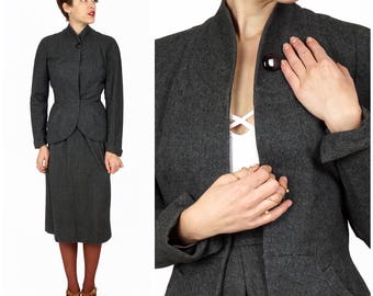 Vintage Tailored Nipped Waist Charcoal Gray Wool Two Piece Skirt Suit by Christian Dior | XS