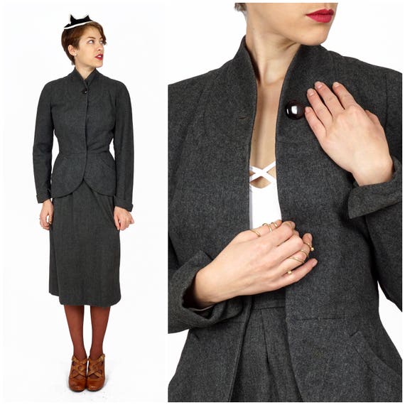 Vintage Tailored Nipped Waist Charcoal Gray Wool … - image 1