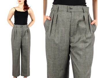 Pantalones tobilleros de tiro alto con estampado de pata de gallo en tweed gris vintage de los años 80 de Yves Saint Laurent / Talla mediana