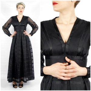 Fabulous Vintage 1960s/70s Black Ribbon and Mesh Long Sleeve Maxi Gown by Miss Magnin | Small