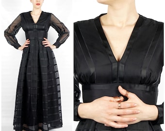 Fabulous Vintage 1960s/70s Black Ribbon and Mesh Long Sleeve Maxi Gown by Miss Magnin | Small