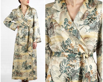 Vintage 1960s Colorful Asian Silk Brocade Garden Scene Robe with Sash | Small/Medium