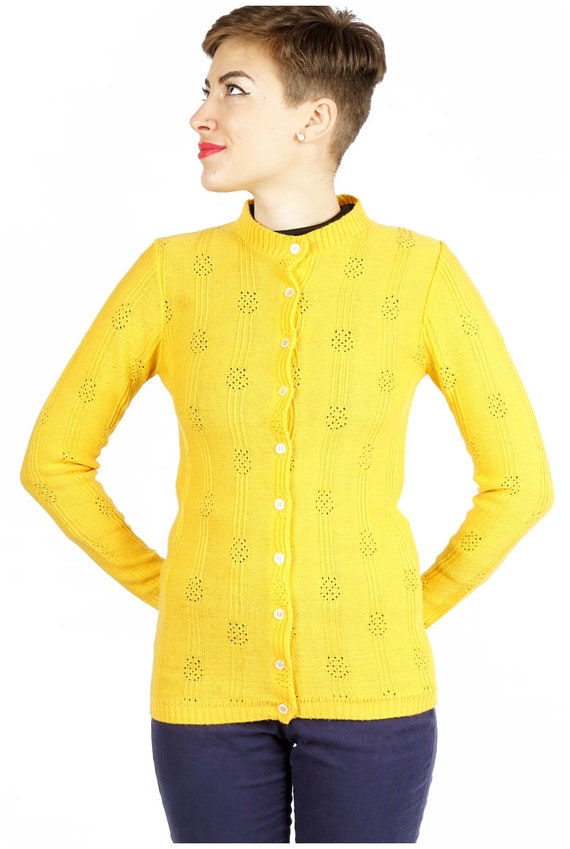 Vintage 1970s Canary Yellow Button-up Cardigan Sw… - image 5