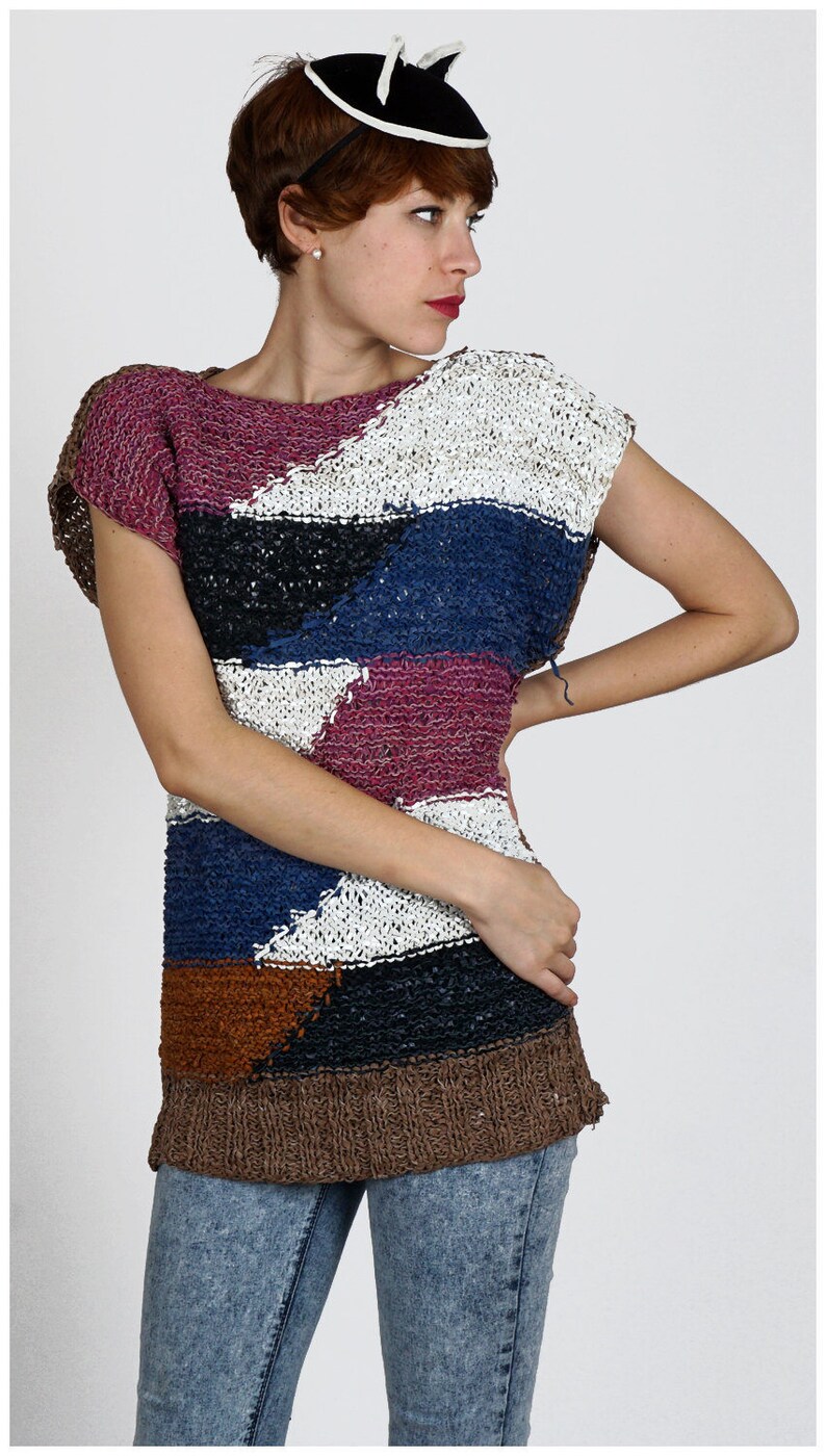 Vintage 1970s Woven Leather Color Blocked Short Sleeve Tunic Top Medium
