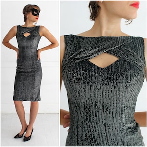 Vintage 1960s Black and Silver Metallic Lurex Wiggle Party Dress with Cutout Neckline by Lilli Diamond of California | Small