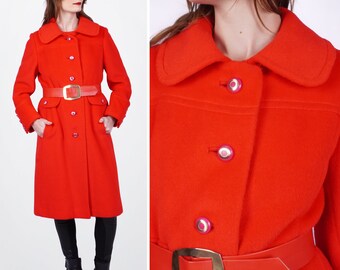 Vintage 1970s Bright Red Fitted Knee Length Jacket with Oversized Cuffs and Matching Belt | Small