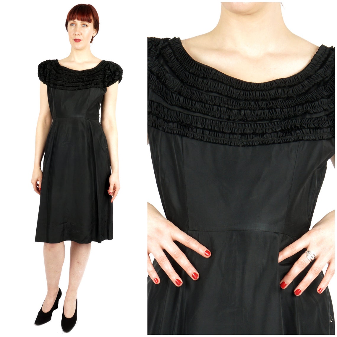 Vintage 50's/60's Black Ruffled Taffeta Evening Dress With Bow and ...
