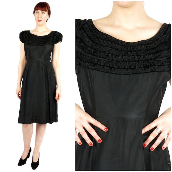 Vintage 50's/60's Black Ruffled Evening Dress wit… - image 1