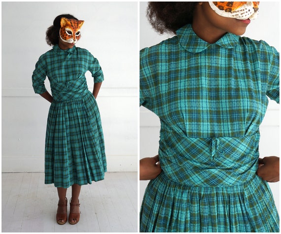 Vintage 50s Short Sleeve Aqua Green Blue Plaid Day